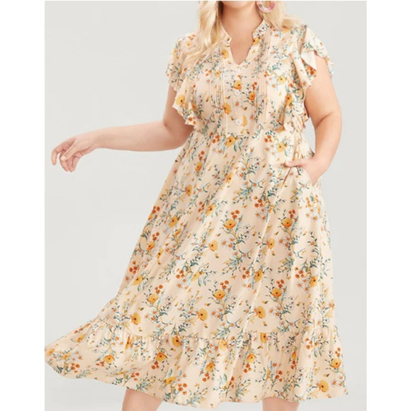 BloomChic Dresses & Skirts - Size 14 - 16 • 1x BloomChic • yellow floral ruffle pleated front midi dress NWT